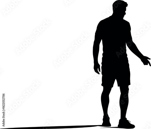 Man in shorts with a long shadow standing against a white background silhouette