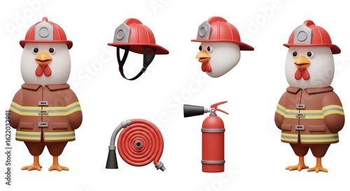 Cartoon chicken firefighter illustration