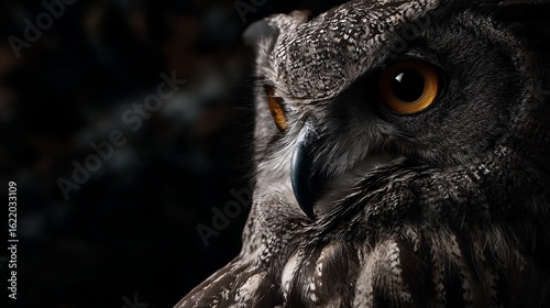 Close-up of a nocturnal owl with glowing eye in a dark forest