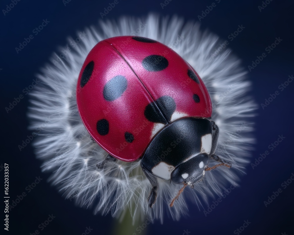 Fototapeta premium Striking ladybug resting on a fluffy dandelion seedhead.