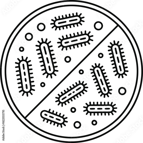 Illustration of bacteria growing in a petri dish divided into two sections
