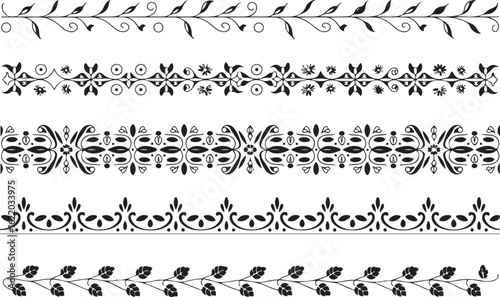 Vintage ornate floral border and seamless decorative pattern vector set