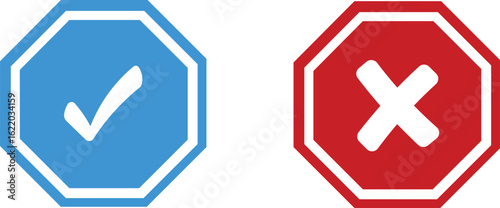 Blue tick verified social media account icon set. Approved profile sign. White tick in blue circle symbol. Official page badge. Authentication check mark.Quality vector illustration.