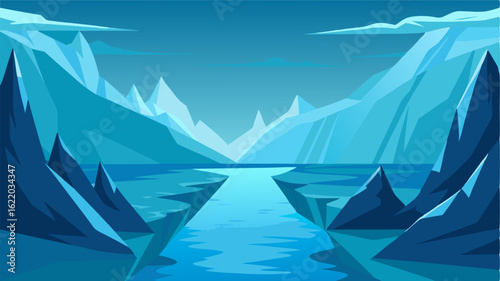 The frigid fjord stretches out like an endless expanse of glass its surface smooth and unyielding yet hiding a hidden world of icy caverns and frozen secrets below.