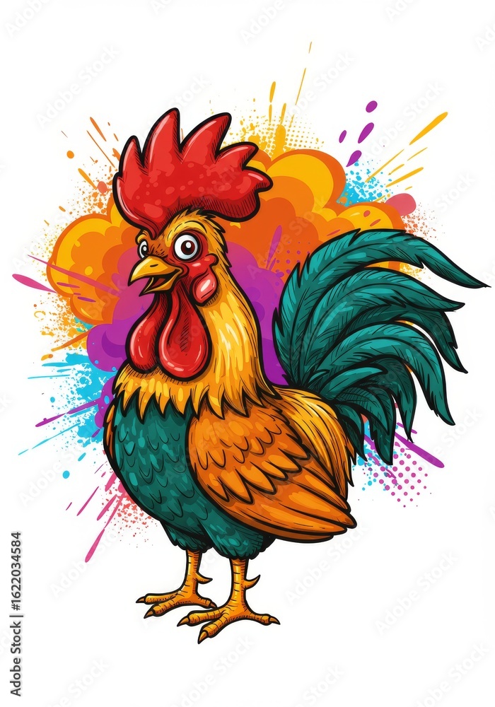 Fototapeta premium Colorful Rooster Illustration - Vibrant illustration of a rooster against a colorful splash background. Perfect for websites, blogs, or social media