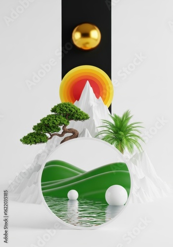 Surreal abstract landscape with white mountains, green bonsai trees, and a reflection of rolling hills