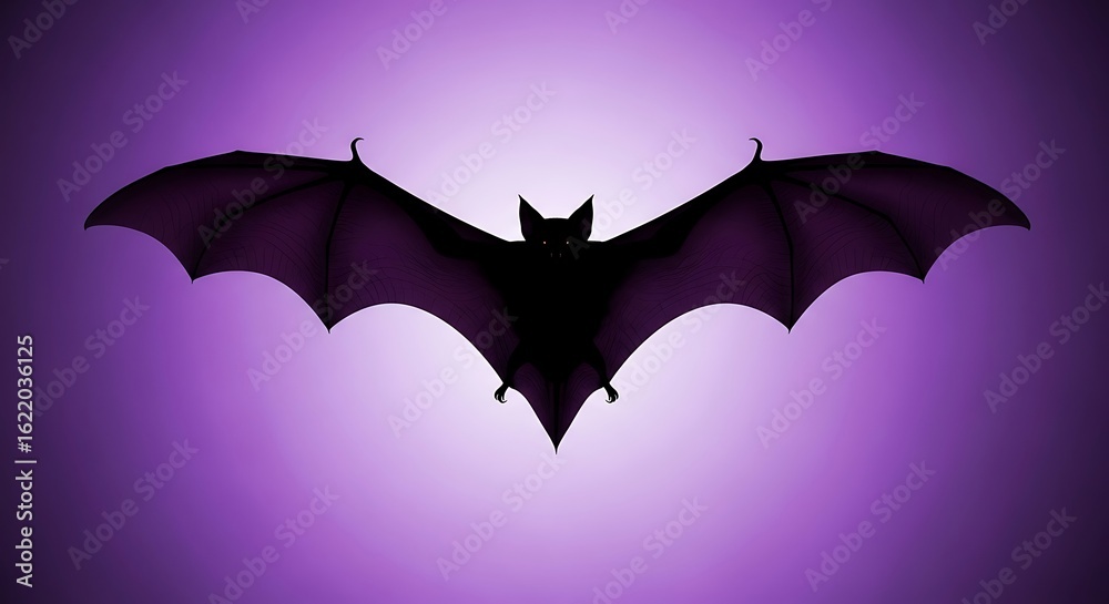 Fototapeta premium Silhouette of Bat with Outstretched Wings Flying Against Purple Background
