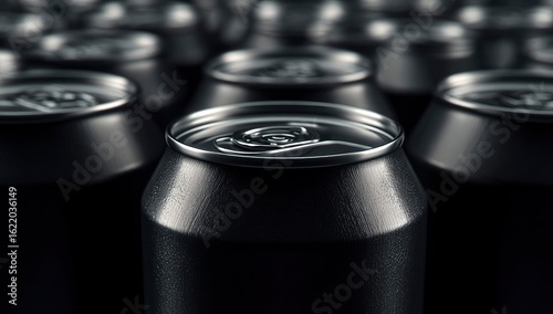 Black aluminum cans, close-up, factory, production line, packaging