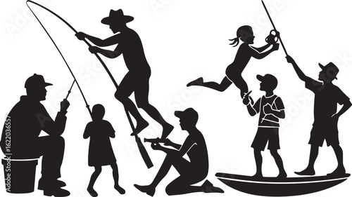 Vector art silhouettes of men, women, and children with swords and guns
