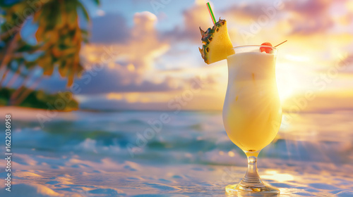 Piña colada em taça na praia ao pôr do sol tropical