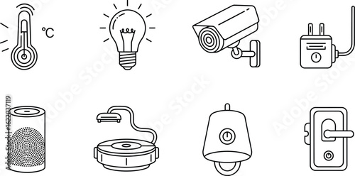 Vector art of smart home automation devices icons thermometer, lightbulb, security camera, adapter, speaker, robot vacuum cleaner, bell, and door handle
