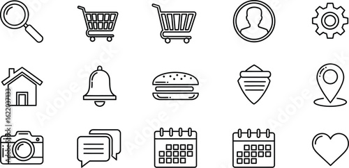 Vector art of collection of essential icons for web and mobile app design, including search, shopping cart, user profile, settings, home, notification, food and location