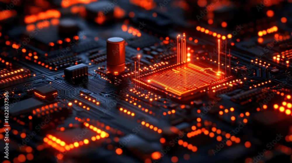 Fototapeta premium Glowing Orange Circuit Board Close-up