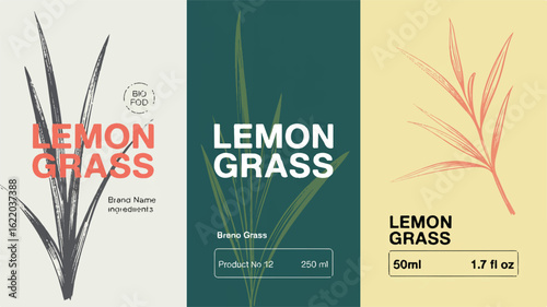 Three minimalist product labels featuring lemongrass illustrations and text branding