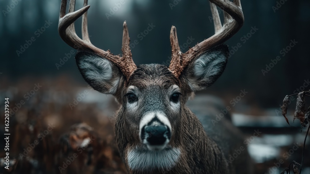 Obraz premium Close-up of a deer with large antlers in a misty forest