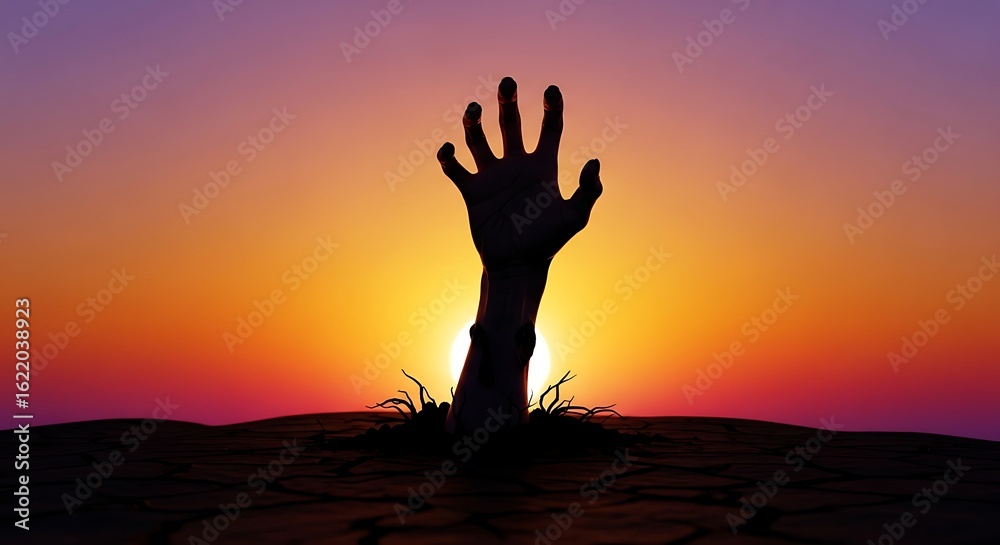 Fototapeta premium Silhouetted Hand Reaching Out From Cracked Ground at Sunset with Vibrant Sky