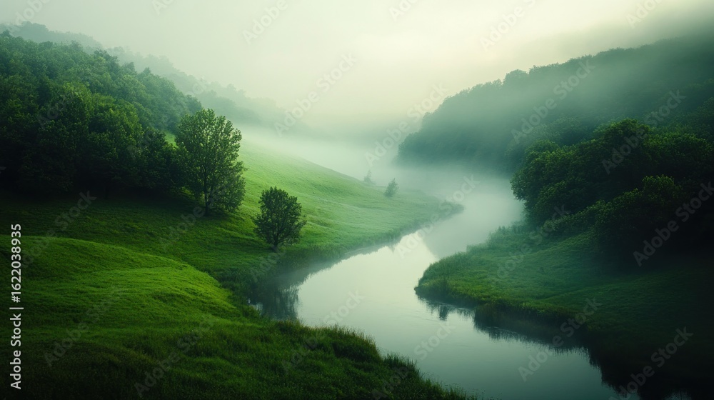 Fototapeta premium Misty river valley, verdant hills