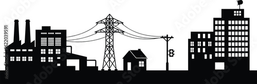 Electric Power Distribution Silhouette, Urban and Industrial Landscape, Power Plant, Transmission Tower, Energy Grid, City Infrastructure Vector Illustration