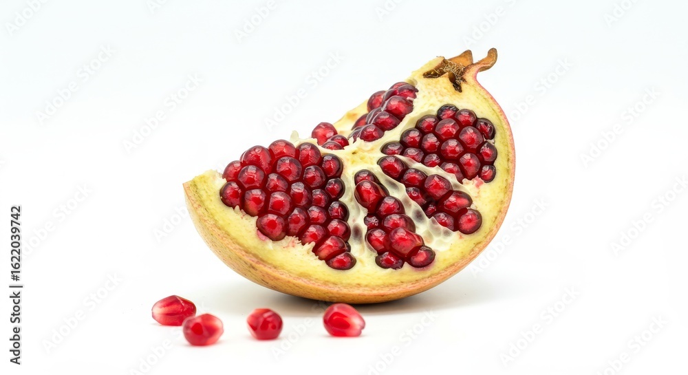 Juicy Pomegranate Slice - A close-up shot of a ripe pomegranate slice showcasing its vibrant red arils against a white background. A few seeds are scattered nearby Juicy Pomegranate Slice - A close-up shot of a ripe pomegranate slice showcasing its vibrant red arils against a white background. A few seeds are scattered nearby