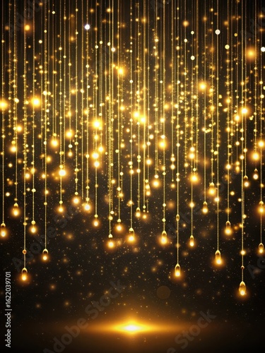 Glittering gold lights suspended in mid-air against a dark backdrop