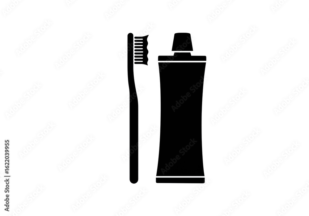 Illustration of a toothbrush and toothpaste tube on a white background in black color Illustration of a toothbrush and toothpaste tube on a white background in black color