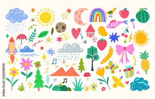 funky crayon drawn kids drawing collection like tree, clouds, sun, fruits, flowers