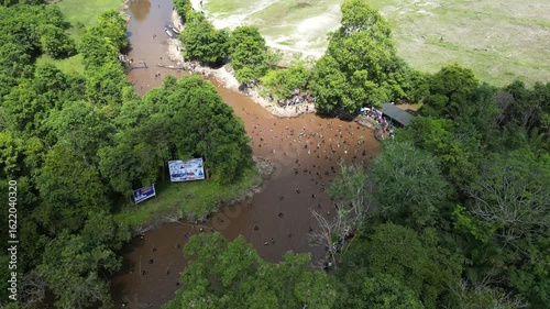 Traditional fishing by the Dayak tribe in East Barito, Central Kalimantan using a long spear called Tariuk