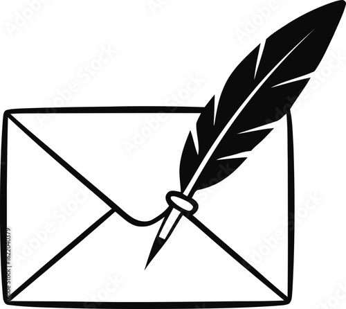 Hand drawn illustration of a quill pen in an envelope