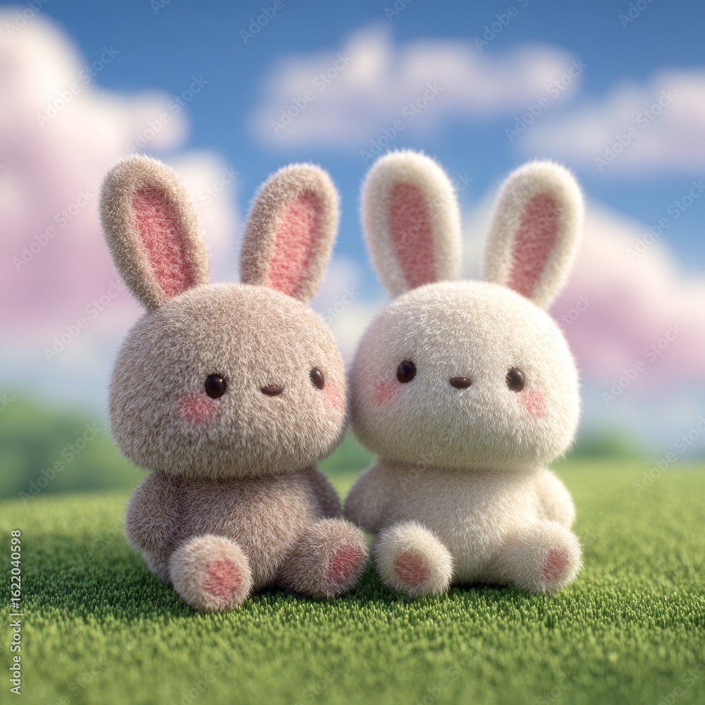 Obraz premium Cute and Fluffy Cartoon Rabbits Sitting on Green Grass Field