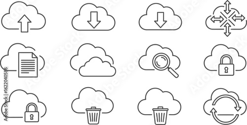 Vector art of set of cloud computing and storage icons for data, internet, and network concepts