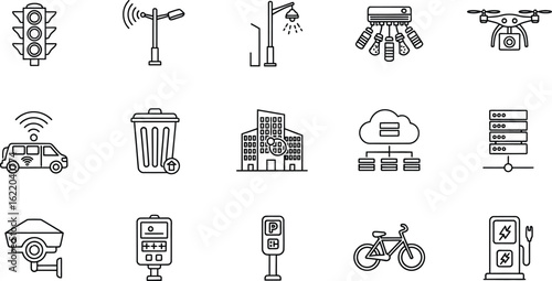 Vector art of smart city icons set featuring traffic light, street lamp, air conditioner, drone, car, and building for urban technology and infrastructure