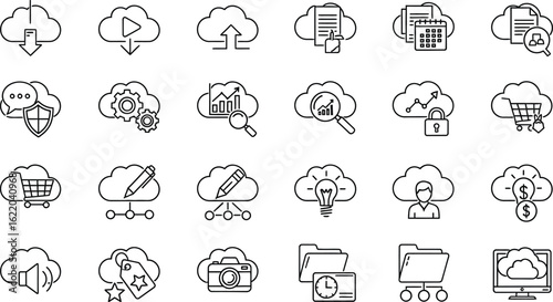 Vector art of set of thin line icons related to cloud computing, file management, data storage, network, internet, and security