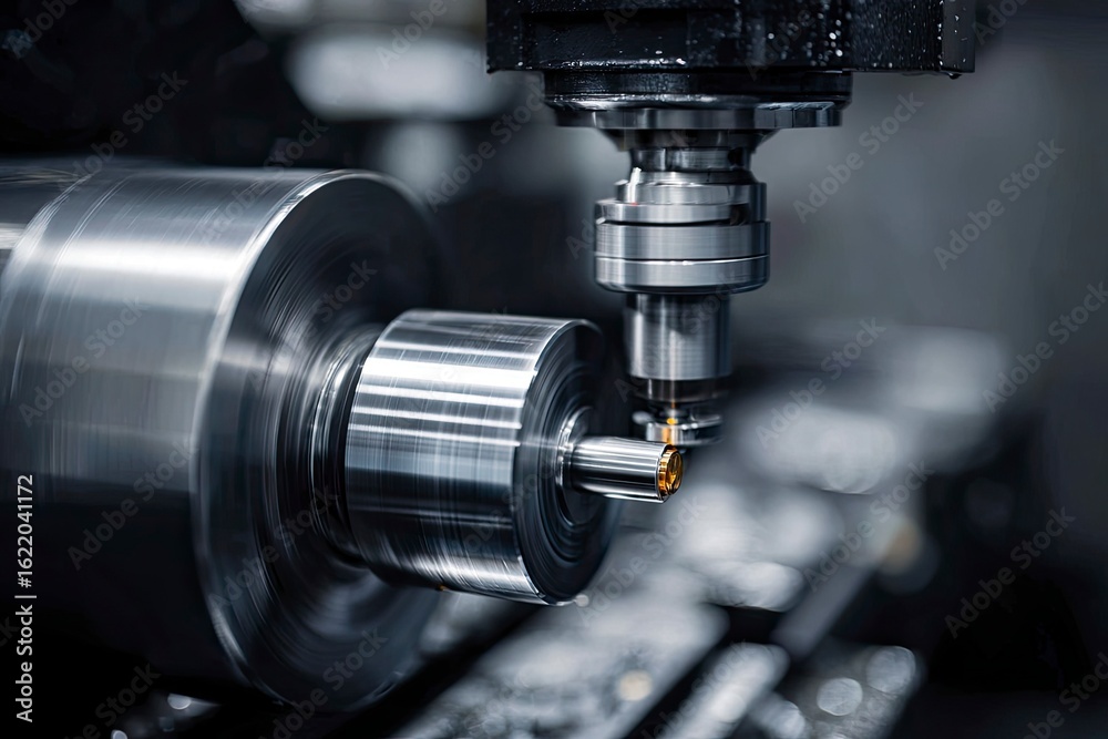Fototapeta premium Precision metal machining in factory, close-up