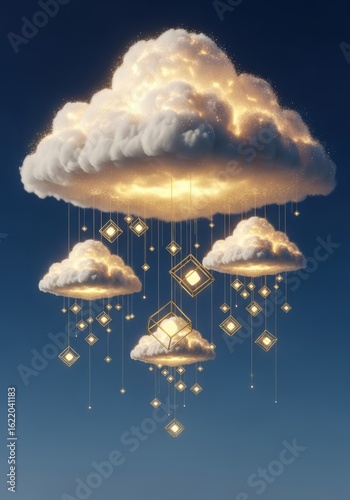 Glowing Clouds with Digital Data Stream and Geometric Shapes Representing Cloud Computing and Technology Innovation