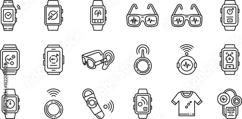 Vector art of collection of wearable technology devices featuring smartwatch, smart glasses, sensor ring, fitness tracker shirt and other modern accessories