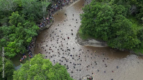 Traditional fishing by the Dayak tribe in East Barito, Central Kalimantan using a long spear called Tariuk