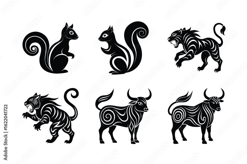 Obraz premium Vector bundle of tribal animals with bold stylization Silhouette Vector illustration