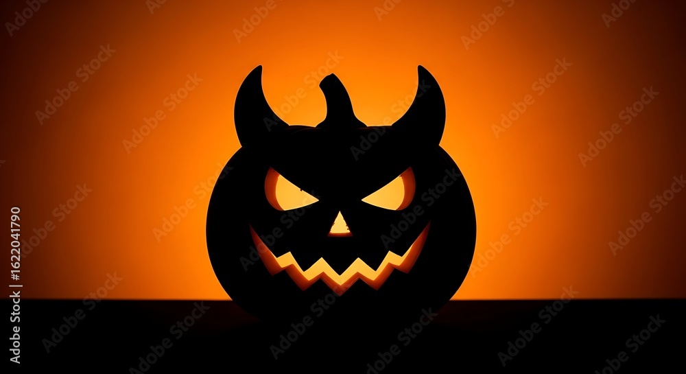 Fototapeta premium Spooky Jack O Lantern Pumpkin with Menacing Face Backlit Halloween Decoration