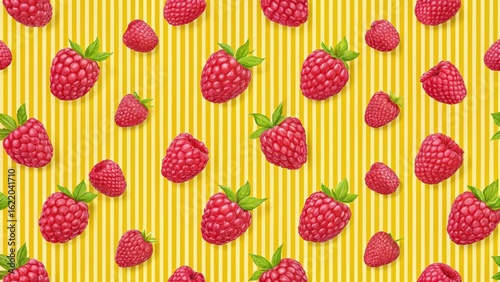 Raspberry seamless pattern with berries on striped background