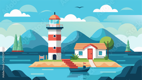 The charming lighthouse at the entrance of this seaside marina adds a touch of nautical charm to the already picturesque landscape.