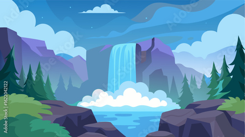 The mist from a cascading waterfall creating a dreamlike aura in the forest as it splashes onto the rocks below.