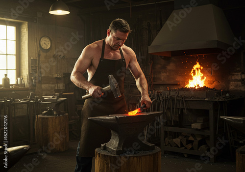 A blacksmith shaping hot metal on an anvil with a forge in the background indoors light