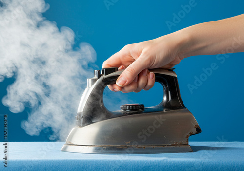 A hand holding a steaming iron on a blue surface against a solid blue background view