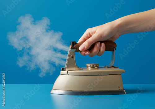 Hand holding a vintage steam iron with steam coming out against a blue background