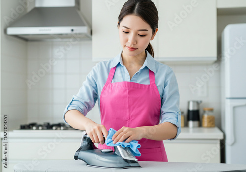 Woman in pink apron cleaning iron with blue cloth in bright modern kitchen setting view