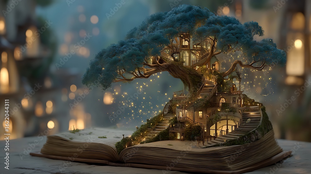 Obraz premium Magical Treehouse Village Popup Book Illustration with Fantasy World, Fairy Tale, and Bokeh.