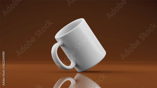 White ceramic mug tilted on brown surface handle
