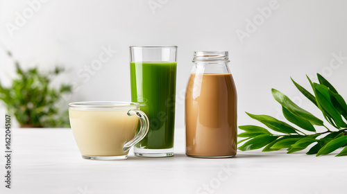 Variety of functional beverages with organic ingredients displayed in modern glassware setup