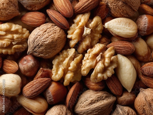 Organic Mixed Nuts and Seeds Close-Up Arrangement on Rustic Background