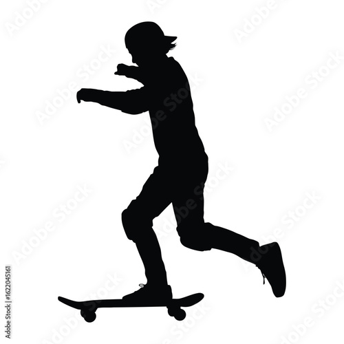 Black Silhouette Illustration of a Young Skateboarder Riding the Board.

